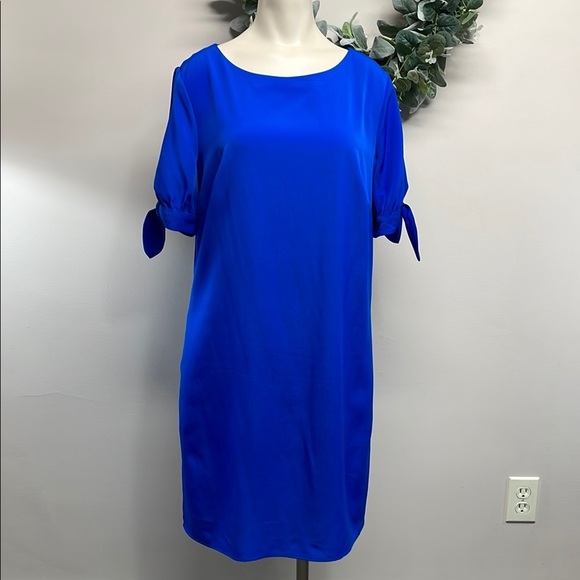 AB Studio Cobalt Blue Shift Dress Cold Shoulder Tie Sleeves Pockets 10 - Picture 1 of 16